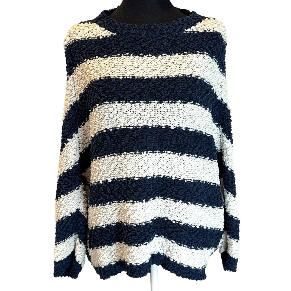 Lumiere Women’s L Oversized Chunky Knit Sweater Navy Cream Striped Dolman Sleeve
